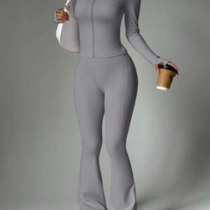 FWH Ensemble de 2 pièces prêt pour la rue, contrôle du ventre + manches avec trou pour le pouce, du gymnase à la rue, zip avant inspiré du corset, pantalon évasé stretch 4 sens, bande de taille antidérapante, veste sculptante avec détail de zip + pantalon liftant les fesses, ensemble boost de confiance, veste femme à zip avant et pantalon évasé, Ensemble 2 pièces femme