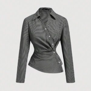 SHEIN MOD Women's Blue & White Striped Turn-Down Collar Fold-Over Long Sleeve Business ,Business Casual Women,90s ,Fall Clothing, Clothes,Business Casual Women,Back To School,Women Blouses,Going Out Tops,Long Sleeve Shirt,Work Women Blouses