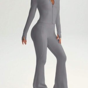 FWH Ensemble de 2 pièces prêt pour la rue, contrôle du ventre + manches avec trou pour le pouce, du gymnase à la rue, zip avant inspiré du corset, pantalon évasé stretch 4 sens, bande de taille antidérapante, veste sculptante avec détail de zip + pantalon liftant les fesses, ensemble boost de confiance, veste femme à zip avant et pantalon évasé, Ensemble 2 pièces femme