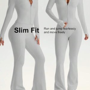 FWH Ensemble de 2 pièces prêt pour la rue, contrôle du ventre + manches avec trou pour le pouce, du gymnase à la rue, zip avant inspiré du corset, pantalon évasé stretch 4 sens, bande de taille antidérapante, veste sculptante avec détail de zip + pantalon liftant les fesses, ensemble boost de confiance, veste femme à zip avant et pantalon évasé, Ensemble 2 pièces femme