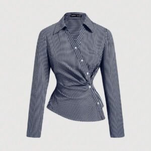 SHEIN MOD Women's Blue & White Striped Turn-Down Collar Fold-Over Long Sleeve Business ,Business Casual Women,90s ,Fall Clothing, Clothes,Business Casual Women,Back To School,Women Blouses,Going Out Tops,Long Sleeve Shirt,Work Women Blouses