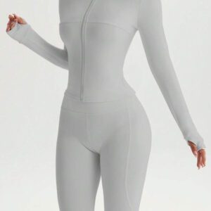 FWH Ensemble de 2 pièces prêt pour la rue, contrôle du ventre + manches avec trou pour le pouce, du gymnase à la rue, zip avant inspiré du corset, pantalon évasé stretch 4 sens, bande de taille antidérapante, veste sculptante avec détail de zip + pantalon liftant les fesses, ensemble boost de confiance, veste femme à zip avant et pantalon évasé, Ensemble 2 pièces femme