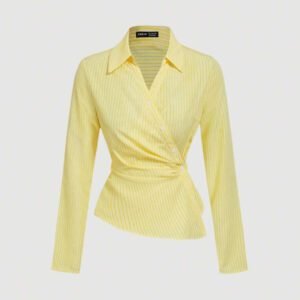 SHEIN MOD Women's Blue & White Striped Turn-Down Collar Fold-Over Long Sleeve Business ,Business Casual Women,90s ,Fall Clothing, Clothes,Business Casual Women,Back To School,Women Blouses,Going Out Tops,Long Sleeve Shirt,Work Women Blouses
