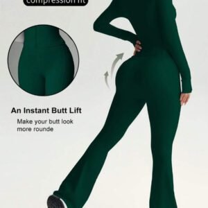 FWH Ensemble de 2 pièces prêt pour la rue, contrôle du ventre + manches avec trou pour le pouce, du gymnase à la rue, zip avant inspiré du corset, pantalon évasé stretch 4 sens, bande de taille antidérapante, veste sculptante avec détail de zip + pantalon liftant les fesses, ensemble boost de confiance, veste femme à zip avant et pantalon évasé, Ensemble 2 pièces femme