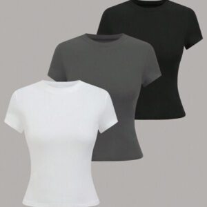 GlowEve T-shirt casual à manches courtes, col rond, couleur unie pour femmes, modèle d'été