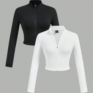 Slaydiva 2 pièces T-shirts simples et décontractés pour femmes avec demi-zip, col en V, manches longues, en blanc et noir pour l'automne-hiver