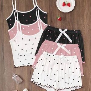 Dream Adore 3pcs/Set Heart Printed Camisole & Shorts Pajama Set Womens Pajama Set Heart Print Pajama Set Camisole And Shorts Pajama Set Cute Pajama Set Lounge Set