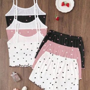 Dream Adore 3pcs/Set Heart Printed Camisole & Shorts Pajama Set Womens Pajama Set Heart Print Pajama Set Camisole And Shorts Pajama Set Cute Pajama Set Lounge Set
