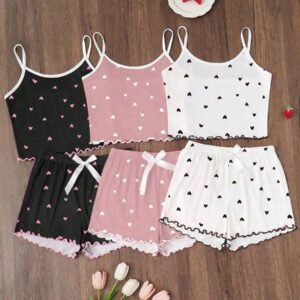 Dream Adore 3pcs/Set Heart Printed Camisole & Shorts Pajama Set Womens Pajama Set Heart Print Pajama Set Camisole And Shorts Pajama Set Cute Pajama Set Lounge Set