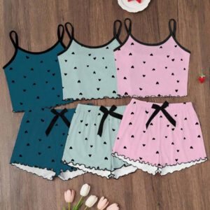 Dream Adore 3pcs/Set Heart Printed Camisole & Shorts Pajama Set Womens Pajama Set Heart Print Pajama Set Camisole And Shorts Pajama Set Cute Pajama Set Lounge Set