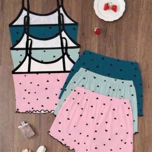 Dream Adore 3pcs/Set Heart Printed Camisole & Shorts Pajama Set Womens Pajama Set Heart Print Pajama Set Camisole And Shorts Pajama Set Cute Pajama Set Lounge Set