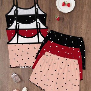 Dream Adore 3pcs/Set Heart Printed Camisole & Shorts Pajama Set Womens Pajama Set Heart Print Pajama Set Camisole And Shorts Pajama Set Cute Pajama Set Lounge Set