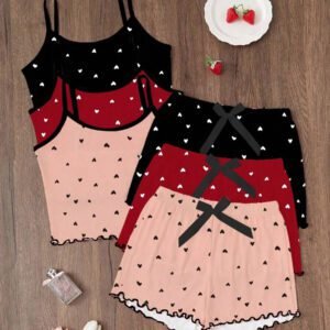 Dream Adore 3pcs/Set Heart Printed Camisole & Shorts Pajama Set Womens Pajama Set Heart Print Pajama Set Camisole And Shorts Pajama Set Cute Pajama Set Lounge Set