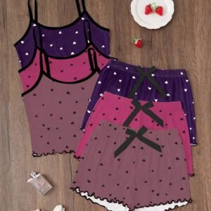 Dream Adore 3pcs/Set Heart Printed Camisole & Shorts Pajama Set Womens Pajama Set Heart Print Pajama Set Camisole And Shorts Pajama Set Cute Pajama Set Lounge Set