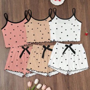 Dream Adore 3pcs/Set Heart Printed Camisole & Shorts Pajama Set Womens Pajama Set Heart Print Pajama Set Camisole And Shorts Pajama Set Cute Pajama Set Lounge Set