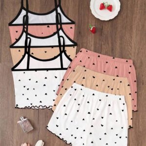Dream Adore 3pcs/Set Heart Printed Camisole & Shorts Pajama Set Womens Pajama Set Heart Print Pajama Set Camisole And Shorts Pajama Set Cute Pajama Set Lounge Set