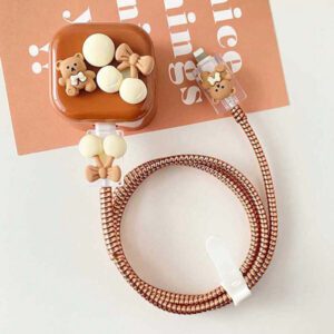 5pcs 3D Brown Bear & Cherry Brown Head Soft TPU Protective Case Set, Compatible With Apple 20w UK Plug Power Adapter Cable Protector, Charger Accessories, Phone Accessories