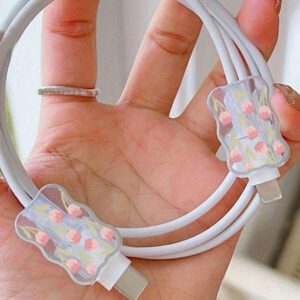 Cute Tulip Charging Adapter Protector Case, Suitable For 20W UK Plug Fast Charging Head, Transparent Protective Cover, Leaf Pattern For Phone, IPad, Triangular Plug Charger