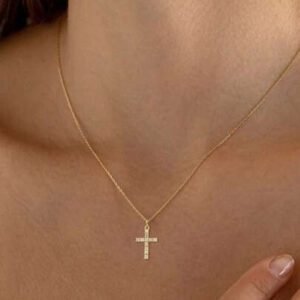 1pc Delicate Simple 18k Gold Plated Cross Pendant Stainless Steel Necklace With Micro-inlaid Cz Stone
