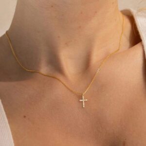 1pc Delicate Simple 18k Gold Plated Cross Pendant Stainless Steel Necklace With Micro-inlaid Cz Stone