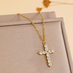 1pc Delicate Simple 18k Gold Plated Cross Pendant Stainless Steel Necklace With Micro-inlaid Cz Stone