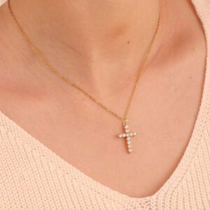 1pc Delicate Simple 18k Gold Plated Cross Pendant Stainless Steel Necklace With Micro-inlaid Cz Stone