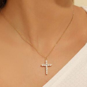 1pc Delicate Simple 18k Gold Plated Cross Pendant Stainless Steel Necklace With Micro-inlaid Cz Stone