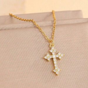 1pc Delicate Simple 18k Gold Plated Cross Pendant Stainless Steel Necklace With Micro-inlaid Cz Stone