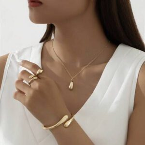 1 pièce Bracelet en alliage en forme de goutte d'eau simple, ensemble de bague, collier et boucles d'oreilles, pour femmes, port quotidien et cadeau de festival