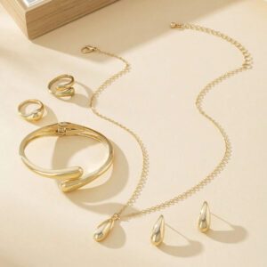 1 pièce Bracelet en alliage en forme de goutte d'eau simple, ensemble de bague, collier et boucles d'oreilles, pour femmes, port quotidien et cadeau de festival