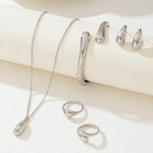 1 pièce Bracelet en alliage en forme de goutte d'eau simple, ensemble de bague, collier et boucles d'oreilles, pour femmes, port quotidien et cadeau de festival
