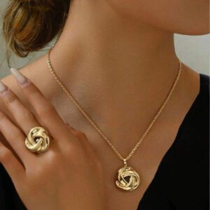 4 pièces/set Ensemble de bijoux minimaliste en métal avec nœud tressé boho, pendentif fleur de rose et boucles d'oreilles clous pour les femmes. Accessoires de fête/rendez-vous, cadeau pour la Saint-Valentin, mère, maman, fête des mères