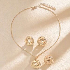 4 pièces/set Ensemble de bijoux minimaliste en métal avec nœud tressé boho, pendentif fleur de rose et boucles d'oreilles clous pour les femmes. Accessoires de fête/rendez-vous, cadeau pour la Saint-Valentin, mère, maman, fête des mères