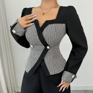 Elenzga Ensemble femme avec Top à l'avant ouvert avec blocs de couleurs et pantalon large unicolore