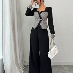 Elenzga Ensemble femme avec Top à l'avant ouvert avec blocs de couleurs et pantalon large unicolore