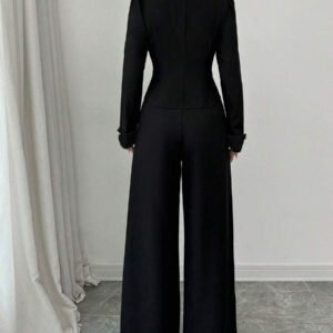 Elenzga Ensemble femme avec Top à l'avant ouvert avec blocs de couleurs et pantalon large unicolore
