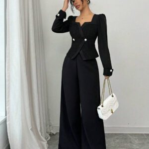 Elenzga Ensemble femme avec Top à l'avant ouvert avec blocs de couleurs et pantalon large unicolore