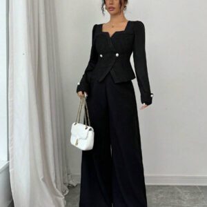 Elenzga Ensemble femme avec Top à l'avant ouvert avec blocs de couleurs et pantalon large unicolore