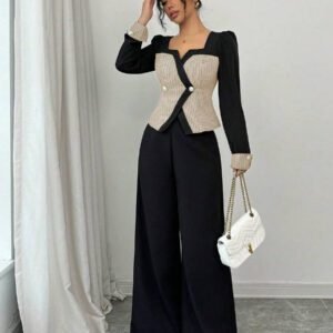 Elenzga Ensemble femme avec Top à l'avant ouvert avec blocs de couleurs et pantalon large unicolore