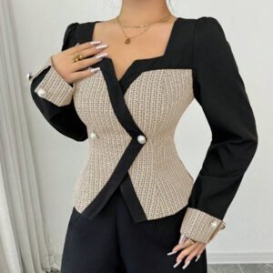 Elenzga Ensemble femme avec Top à l'avant ouvert avec blocs de couleurs et pantalon large unicolore