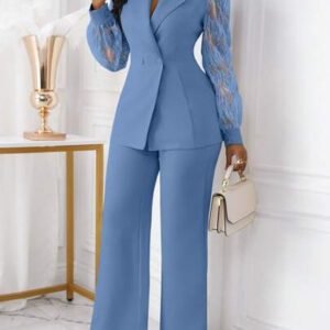 Lyxana 2 pièces Ensemble veste blazer ajustée à double boutonnage et pantalon avec détails brodés pour le bureau et le travail pour femmes