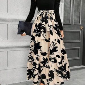 Calvaya Robe longue à manches bouffantes avec ceinture et imprimé floral pour femmes