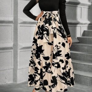 Calvaya Robe longue à manches bouffantes avec ceinture et imprimé floral pour femmes