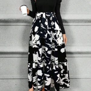 Calvaya Robe longue à manches bouffantes avec ceinture et imprimé floral pour femmes