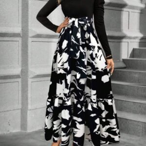 Calvaya Robe longue à manches bouffantes avec ceinture et imprimé floral pour femmes