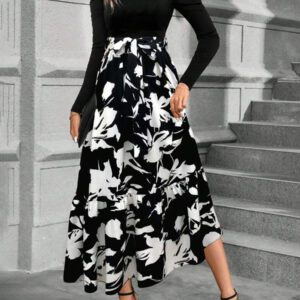 Calvaya Robe longue à manches bouffantes avec ceinture et imprimé floral pour femmes