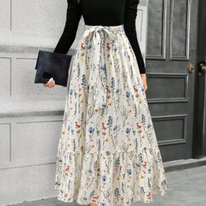 Calvaya Robe longue à manches bouffantes avec ceinture et imprimé floral pour femmes