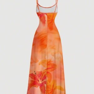 SHEIN MOD Robe fluide à taille froncée avec imprimé tie-dye dégradé de lys rouge, style minimaliste décontracté de vacances