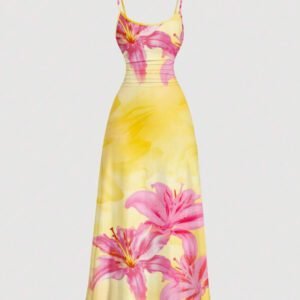 SHEIN MOD Robe fluide à taille froncée avec imprimé tie-dye dégradé de lys rouge, style minimaliste décontracté de vacances