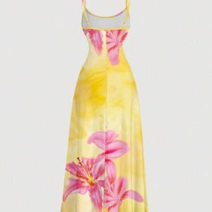 SHEIN MOD Robe fluide à taille froncée avec imprimé tie-dye dégradé de lys rouge, style minimaliste décontracté de vacances